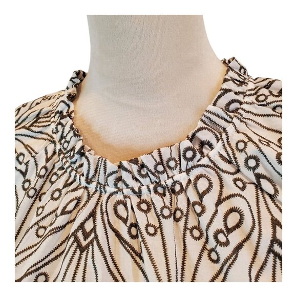 LOFT SZ S Embroidered Pattern Olive/Taupe & White 100% Cotton Short Sleeve Top - Picture 3 of 8